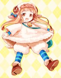  animal_costume animal_hat argyle_background bell blonde_hair bloomers bow bow_bloomers brown_eyes chaba_(hortensia) commentary_request cosplay cowbell female hat horns ichihara_nina idolmaster idolmaster_cinderella_girls kigurumi long_hair open_mouth pantyhose photoshop_(medium) sheep_costume sheep_hat sheep_horns smile solo striped_clothes striped_pantyhose underwear 