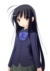  accel_world antenna_hair black_hair blush brown_eyes commentary_request female highres kareya kuroyukihime long_hair photoshop_(medium) ribbon school_uniform skirt solo umesato_middle_school_uniform 