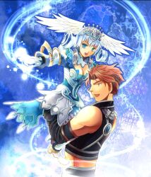  1boy breasts brown_eyes cleavage commentary_request dress female gloves hat head_wings hypoxis medium_breasts melia_antiqua orange_hair reyn_(xenoblade) short_hair white_hair wings xenoblade_chronicles_(series) xenoblade_chronicles_1 