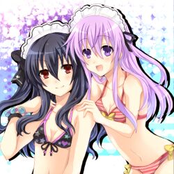  2girls :d bad_id bad_pixiv_id bikini black_hair blush bracelet breasts choujigen_game_neptune_mk2 cleavage hinano jewelry long_hair looking_at_viewer maid_headdress multiple_girls navel nepgear neptune_(series) open_mouth purple_eyes purple_hair red_eyes small_breasts smile swimsuit uni_(neptunia) very_long_hair yuri 