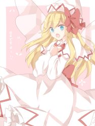  bad_id bad_pixiv_id blonde_hair blue_eyes bow capelet dress fairy_wings female hairbow hands_on_own_chest hat kuromari_(runia) lily_white long_hair looking_at_viewer open_mouth pink_dress solo touhou translated wings 