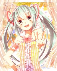  arm_garter bad_id bad_pixiv_id female green_eyes green_hair hand_on_own_hip hatsune_miku head_tilt highres kukiha long_hair open_mouth solo twintails v vocaloid 