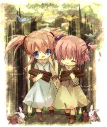  2girls alicia_combatir animal bird blue_eyes bunny character_name closed_eyes copyright_name dress long_hair multiple_girls open_mouth pink_hair presea_combatir rabbit shoes short_hair siblings smile squirrel tales_of_(series) tales_of_symphonia title_drop twintails wood young younger yukiyukidaihuku 