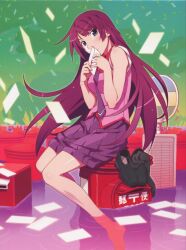  bad_id bakemonogatari barefoot blue_eyes feet_in_water female flood highres letter long_hair looking_at_viewer love_letter manjuu_a monogatari_(series) nisemonogatari no_legwear open_\m/ postbox purple_hair school_uniform senjougahara_hitagi shoes_removed sitting sleeves_rolled_up soaking_feet solo watanabe_akio water 