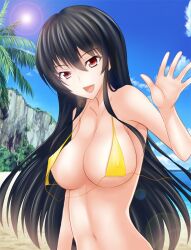  bad_id bad_pixiv_id beach bikini bikini_top_only black_hair breasts cloud commentary_request day female large_breasts lens_flare long_hair navel open_mouth original outdoors palm_tree red_eyes shima-shuu sky smile solo strap_gap sun swimsuit tree untied upper_body wardrobe_malfunction waving yellow_bikini 