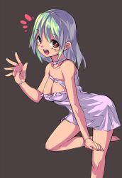  blush breasts cleavage dress female green_hair original red_eyes saiste short_hair smile solo waving 