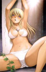  absurdres arms_up bare_shoulders between_breasts bikini blonde_hair blue_eyes bomb breasts btooom! cleavage explosive female highres himiko_(btooom!) inoue_jun&#039;ya long_hair medium_breasts navel official_art open_mouth photoshop_(medium) scan sitting solo spread_legs swimsuit white_bikini 