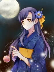  bad_id bad_pixiv_id blue_kimono brown_eyes female flower full_moon hair_flower hair_ornament ichinose_(sorario) idolmaster idolmaster_(classic) japanese_clothes kimono kisaragi_chihaya light_particles long_hair moon photoshop_(medium) purple_hair smile solo 