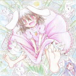  2girls animal_ears barefoot brown_hair colored_pencil_(medium) commentary_request feet inaba_tewi multiple_girls rabbit_ears red_eyes reisen_udongein_inaba shiro9jira soles toes touhou traditional_media 