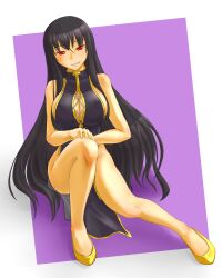  adder bare_shoulders black_dress black_hair borrowed_character breasts bursting_breasts china_dress chinese_clothes cleavage commentary_request covered_nipples dress female grin kurochijo large_breasts legs long_hair no_bra no_panties original red_eyes smile solo squatting very_long_hair 