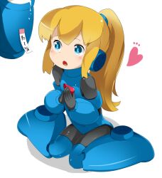  armor blonde_hair blue_eyes blush bodysuit female gloves heart long_hair looking_up open_mouth ponytail rokko-chan rokko-chan_(character) sitting solo tamakorogashi wariza 