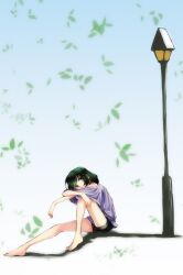  bad_id bad_pixiv_id barefoot female green_eyes green_hair hinomoto_madoka idolmaster idolmaster_cinderella_girls lamppost looking_at_viewer off_shoulder shorts sitting smile solo takagaki_kaede 