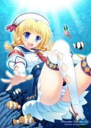  :d blonde_hair blue_eyes blue_panties blue_skirt braid cha-cha clothes_lift clownfish commentary_request dixie_cup_hat female fish furukawa_lemon hat military_hat miniskirt monster_hunter_(series) monster_hunter_3_g open_mouth panties pantyshot photoshop_(medium) quest_receptionist_(monster_hunter_3_ultimate) short_hair skirt skirt_lift smile striped_clothes striped_panties thighhighs tropical_fish twin_braids underwater underwear white_legwear 