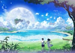  1boy amemura_(caramelo) barefoot bird black_hair bubble cloud commentary_request couple day dress female floating_island flock full_moon leaf moon mountain original outdoors plant scenery short_hair sky straight tree vocaloid water waterfall white_dress 