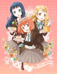  3girls :d argyle_background black_hair blonde_hair blue_eyes blue_hair brown_eyes butter cake cake_slice checkerboard_cookie commentary_request cookie flower food fork fruit fujisawa_kamiya hair_ribbon holding holding_fork long_hair multiple_girls necktie open_mouth orange_eyes orange_hair original pancake plate ribbon school_uniform skirt smile strawberry thumbprint_cookie 