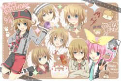  +_+ 2girls :d ;d apple bad_id bad_pixiv_id blue_eyes blush brown_hair cake crossed_arms dated english_text feline food fruit hair_rings happy_birthday hat holding kamaboko_(milky_holmes) kaname_ihnk multiple_girls multiple_views necktie one_eye_closed open_mouth pink_hair rat_(milky_holmes) sherlock_shellingford shorts smile sparkle tantei_opera_milky_holmes 