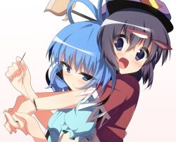  2girls bad_id bad_pixiv_id beret blue_dress blue_eyes blue_hair blush dress grey_hair hair_ornament hair_rings hair_stick hat hat_ornament holding holding_hands holding_needle interlocked_fingers jiangshi kaku_seiga miyako_yoshika multiple_girls needle ofuda open_mouth outstretched_arms sewing short_hair smile star_(symbol) star_hat_ornament stitches supershiruco touhou zombie_pose 