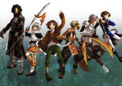  4boys armor armored_dress black_hair blonde_hair blue_eyes braid brown_hair bun-o cecile_(suikoden) chris_lightfellow commentary_request dark_skin eyepatch female french_braid geddoe_(suikoden) gensou_suikoden gensou_suikoden_iii gloves helmet hugo_(suikoden_iii) knife knight long_hair multiple_boys open_mouth orange_skirt photoshop_(medium) polearm sasarai_(suikoden) short_hair silver_hair skirt smile spear sword thomas_(suikoden) weapon 