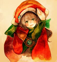  ankoro brown_hair commentary_request female green_eyes hat marguerite_fatima painting_(medium) short_hair solo traditional_media watercolor_(medium) xenogears 