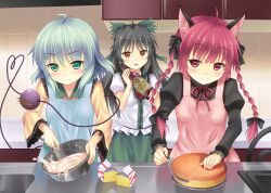  3girls ahoge animal_ears baking black_hair blush bottle bow bowl braid cake cat_ears commentary_request food green_bow green_eyes hairbow kaenbyou_rin komeiji_koishi long_hair multiple_girls no_headwear rasahan red_eyes red_hair reiuji_utsuho short_hair smile third_eye touhou twin_braids whisk yellow_eyes 