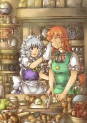  2girls ahoge apron bad_id bad_pixiv_id blue_eyes bottle bow braid clock closed_eyes commentary_request food grey_hair hairbow hong_meiling izayoi_sakuya knife long_hair maid_headdress meat multiple_girls no_headwear onion orange_hair plate star_(symbol) touhou twin_braids waist_apron yagimiwa 