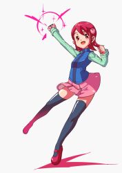  :d black_thighhighs commentary_request female flipped_hair foreshortening full_body hair_ornament highres mary_janes mayl_sakurai_(mega_man) mega_man_(series) mega_man_battle_network_(series) open_mouth outstretched_arm personal_terminal photoshop_(medium) pink_eyes pink_hair red_footwear shoes short_hair simple_background skirt sleeves_past_wrists smile solo thighhighs vest yusa1019 