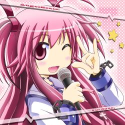  \m/ angel_beats! chains commentary_request female microphone oerba_yun_fang one_eye_closed photoshop_(medium) pink_eyes pink_hair school_uniform serafuku shinbun&#039;ya solo star_(symbol) two_side_up yui_(angel_beats!) 