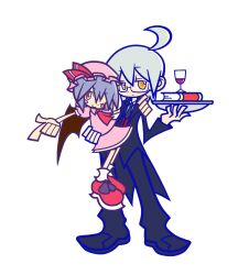  1boy adenine_(artist) ahoge alternate_costume bat_wings blue_hair blush_stickers book butler commentary_request cup drinking_glass female glass glasses grey_hair hat long_sleeves miniskirt morichika_rinnosuke necktie one_eye_closed parody pointing puyopuyo puyopuyo_fever red_eyes remilia_scarlet short_hair simple_background skirt smile style_parody touhou tray wine_glass wings yellow_eyes 