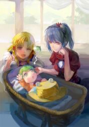  3girls ;d aged_down baby blonde_hair commentary_request cradle crib green_eyes green_hair hair_ornament hair_ribbon hat kochiya_sanae mirror moriya_suwako multiple_girls one_eye_closed open_mouth photoshop_(medium) ponytail purple_eyes purple_hair red_eyes ribbon short_hair smile snake touhou unworn_hat unworn_headwear wind_chime yasaka_kanako yunohara_konomi 