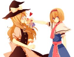  2girls alice_margatroid bad_id bad_pixiv_id blonde_hair blue_eyes blush bow brown_hair capelet character_doll dress embarrassed hairband hat hat_bow heart holding indirect_kiss kirisame_marisa kissing kissing_object multiple_girls sweatdrop touhou tsundere witch_hat yamada_(onigori105) yuri 