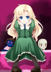  blonde_hair blue_eyes commentary_request doll doll_(ib) dress eri_(artist) female ib_(kouri) long_hair mary_(ib) pantyhose photoshop_(medium) sitting smile solo 