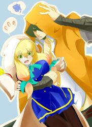  1boy bad_id bad_pixiv_id blazblue blazblue_phase_0 blonde_hair blush breasts couple female glasses green_eyes hair_ribbon height_difference hood hug large_breasts long_hair pantyhose ribbon round_eyewear school_uniform squiggle straight trinity_glassfield waist_hold yellow_eyes yu-bi yuuki_terumi 