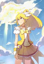  ayatori_(sensei_heroism) bike_shorts bike_shorts_under_skirt blonde_hair bow choker cloud commentary_request cure_peace female hair_flaps highres long_hair magical_girl ponytail precure rain shorts skirt sky smile smile_precure solo sunlight tears tiara yayoi_kise yellow_bow yellow_choker yellow_eyes yellow_shorts yellow_skirt yellow_theme 