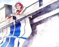  1boy bad_id bad_pixiv_id closed_eyes coat commentary_request flag gensou_suikoden gensou_suikoden_ii kaburaya male_focus red_hair seed_(suikoden) smile solo 