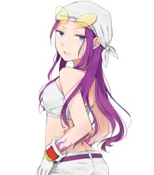  bandana bandeau belt blue_eyes commentary_request crop_top eyewear_on_head female gloves humanization looking_at_viewer looking_back midriff purple_hair simple_background sonic_(series) sonic_riders sunglasses tattoo tsuduya_(knt31) wave_the_swallow white_background 