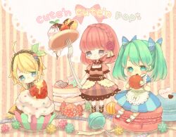  3girls ahoge alternate_hair_length alternate_hairstyle asahi_(pamuko) blonde_hair candy cherry commentary_request cupcake dress food fork fruit green_hair hair_ornament hairclip hatsune_miku heart heart-shaped_pupils kagamine_rin lollipop macaron medium_hair megurine_luka mini_person minigirl multiple_girls red_hair short_hair sitting strawberry striped striped_background sweets symbol-shaped_pupils twintails vocaloid 