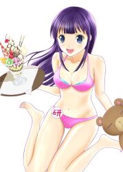  absurdres bikini blue_eyes breasts cleavage commentary_request daisy_(working!!) female highres kao_(ksn0120) kneeling long_hair medium_breasts navel purple_hair stuffed_animal stuffed_toy swimsuit teddy_bear working!! yamada_aoi 