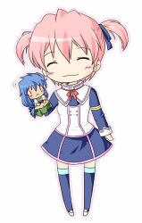  1boy alicia_combatir blue_hair blush breasts closed_eyes female hand_puppet handpuppet long_hair midriff pink_hair puppet regal_bryan regal_bryant ribbon shoes short_hair skirt smile tales_of_(series) tales_of_symphonia thighhighs twintails 