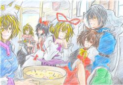  1boy 5girls ahoge animal_ears apron bad_id bad_pixiv_id belt black_hair blonde_hair bow brown_hair cat_ears chen closed_eyes cooking_pot detached_sleeves door food gap_(touhou) glasses grey_hair hair_tubes hairbow hakurei_reimu hat hat_ribbon kirisame_marisa long_hair long_sleeves morichika_rinnosuke multiple_girls one_eye_closed open_mouth red_eyes ribbon scarf short_hair smile soup touhou window witch witch_hat yakumo_ran yakumo_yukari yellow_eyes you_(esparda) 