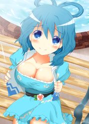  bench blue_eyes blue_hair breasts brick cleavage collarbone commentary_request downblouse dress female flower hair_rings highres kaku_seiga large_breasts pool sitting smile solo touhou vest water yuzutei 