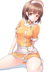  anegasaki_nene blue_panties brown_eyes brown_hair commentary_request female love_plus maeda_risou mole mole_under_eye panties pantyshot parted_lips short_hair simple_background sitting socks solo underwear uniform waitress wariza white_background 