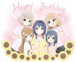  5girls :d blonde_hair blue_hair braid brown_eyes brown_hair casual clenched_hand closed_eyes collarbone commentary_request eyebrows flower furutani_himawari furutani_kaede hair_flower hair_ornament hairband hairclip long_hair multiple_girls naraba_yueni oomuro_hanako oomuro_nadeshiko oomuro_sakurako open_mouth short_hair siblings sisters smile sunflower twin_braids v v-shaped_eyebrows yuru_yuri 