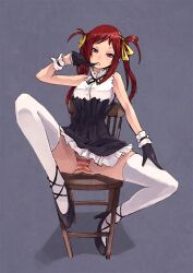  bare_shoulders brown_eyes character_request commentary_request copyright_request female gloves high_heels maeda_risou mouth_hold panties red_hair shoes sitting skirt solo spread_legs striped_clothes striped_panties thighhighs twintails underwear 