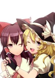  2girls ashiwara_yuu blonde_hair blush bow braid colorized commentary_request earrings fingerless_gloves gloves hairbow hakurei_reimu hat hug jewelry kirisame_marisa long_hair multiple_girls oerba_yun_fang one_eye_closed open_mouth purple_eyes smile star_(symbol) star_earrings touhou witch_hat 