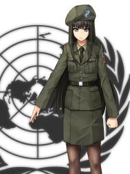  bad_id bad_pixiv_id badge belt beret black_hair black_pantyhose blue_eyes clenched_hand female hat long_hair looking_at_viewer map mikado_(winters) military military_uniform necktie olive_branch original pantyhose solo uniform united_nations united_nations_flag very_long_hair 