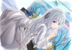  blue_eyes blush commentary_request dress female fish fish_tank hair_ribbon kasugano_sora long_hair ribbon solo twintails white_hair wingheart yosuga_no_sora 