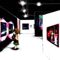  art_gallery braid brown_hair commentary_request feline female genre_connection high_contrast highres ib_(kouri) madotsuki nanashiro painting_(object) skirt yume_nikki 