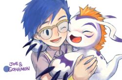  1boy ;d ayame_(artist) blue_hair blush character_name claws closed_eyes commentary_request creature digimon digimon_(creature) digimon_adventure glasses gomamon kido_jo male_focus one_eye_closed open_mouth orange_hair simple_background smile white_background 