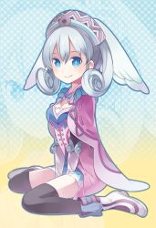  blue_eyes cape commentary_request female gloves grey_hair haruse_hiroki hat head_wings melia_antiqua sitting smile solo thighhighs wariza wings xenoblade_chronicles_(series) xenoblade_chronicles_1 zoom_layer 