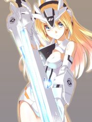  armor arnval arnval_mk2 bare_shoulders blonde_hair blue_eyes busou_shinki commentary_request doll_joints female glowing joints kurokawa_(silve) long_hair mecha_musume photoshop_(medium) solo sword weapon 